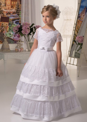 Short Sleeves White Lace Tulle Tiered Flower Girl Dress